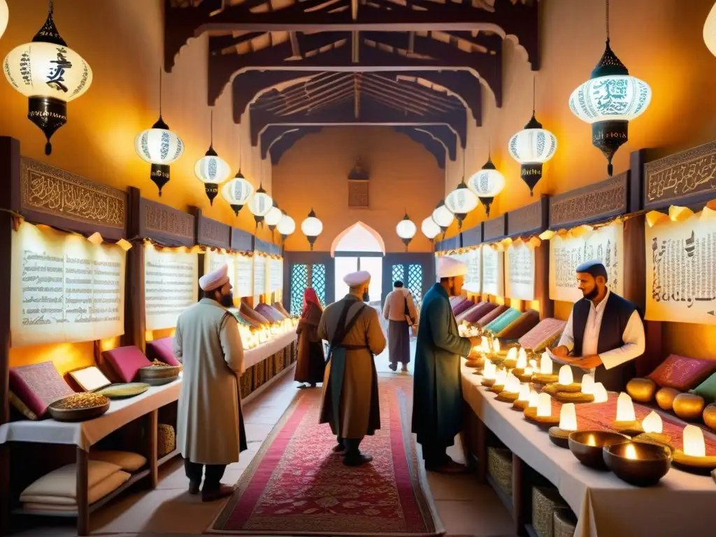 Vibrante mercado medieval islámico con traducciones médicas y cultura, detallada arquitectura, calligrafía y aromas de especias