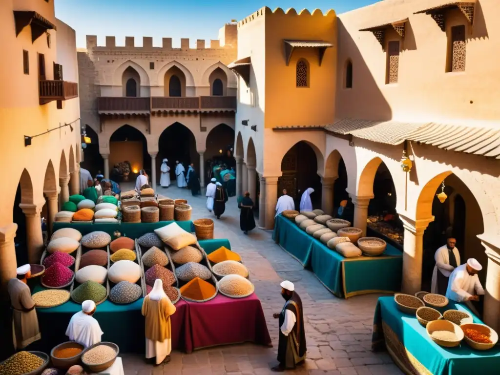 Vibrante mercado medieval en el Magreb, con intercambio de bienes entre distintas culturas, reflejando la expansión islámica Magreb cultura histórica