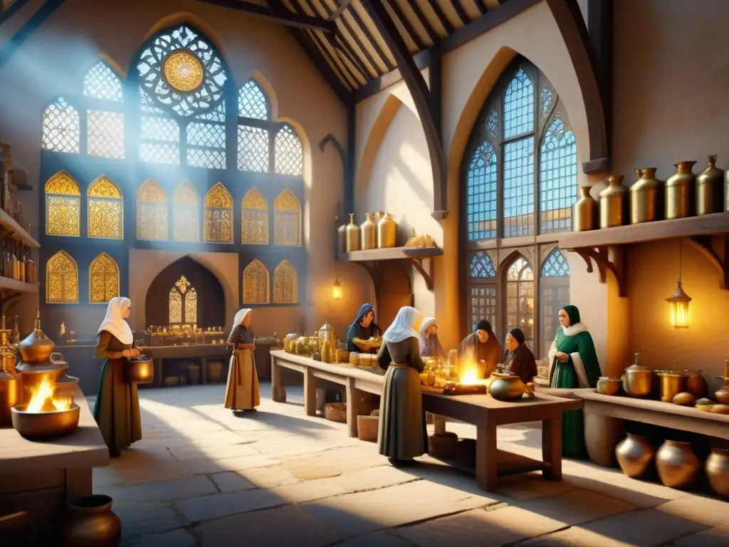 Vibrante mercado medieval con mujeres alquimistas en laboratorio islámico