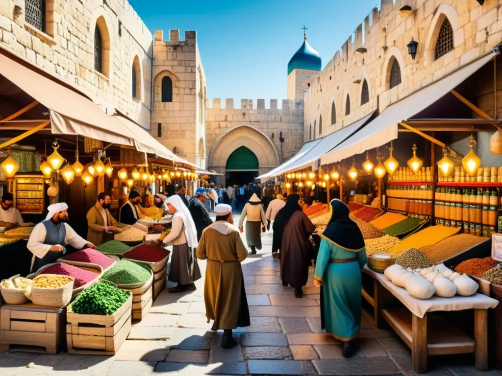 Vibrante mercado medieval en Jerusalén con musulmanes y cruzados negociando y socializando