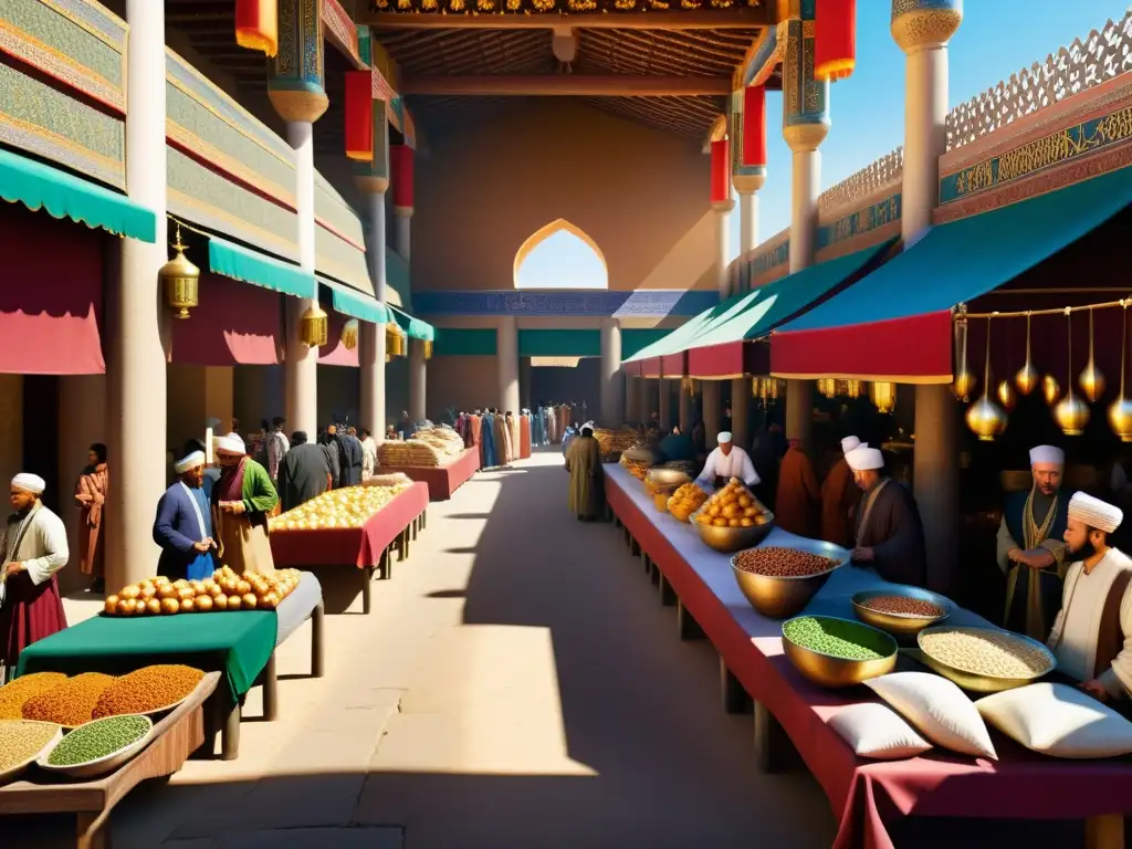 Un vibrante mercado medieval de la Ruta de la Seda, con variados colores y diversidad cultural en fronteras islámicas