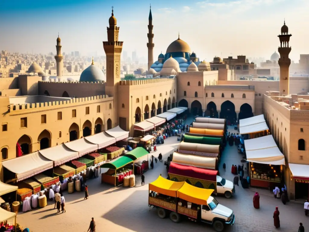 Vibrante mercado medieval en El Cairo, con sedas y especias