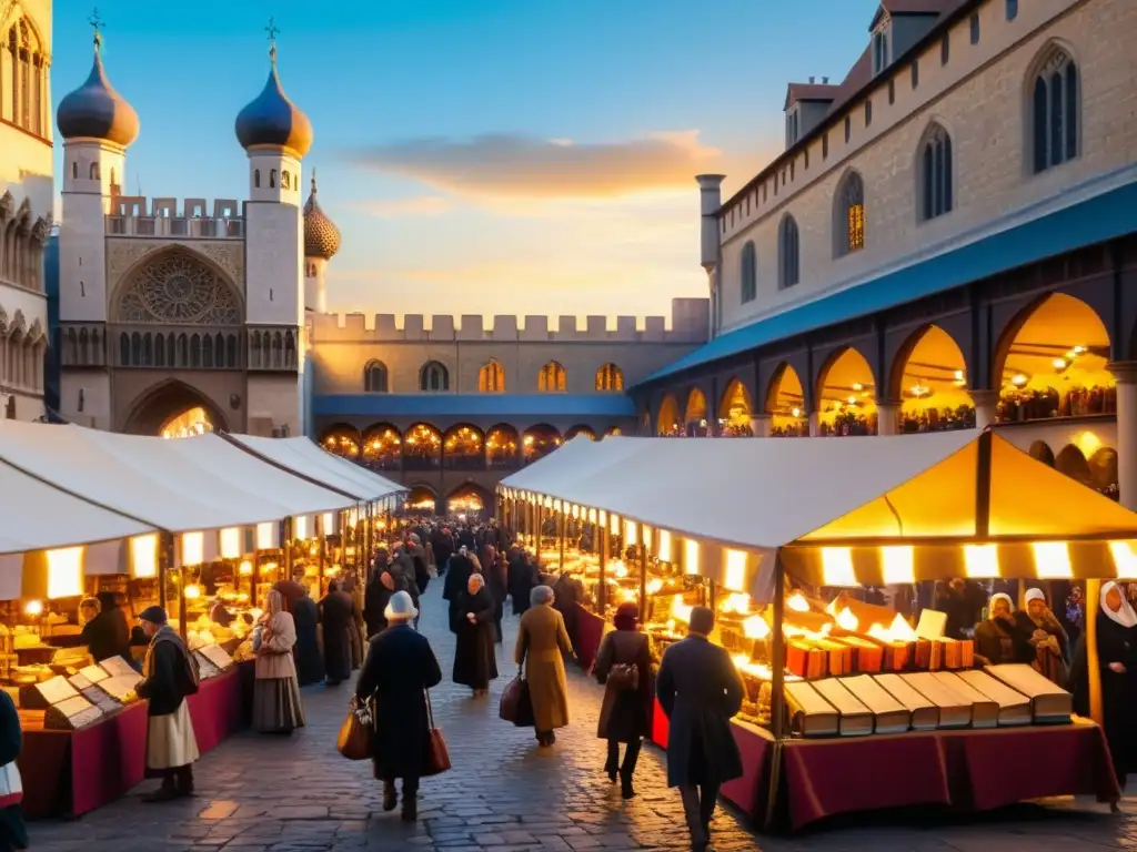 Vibrante mercado medieval con traducciones árabes en Europa, comerciantes intercambian libros y conocimientos bajo cálida luz solar