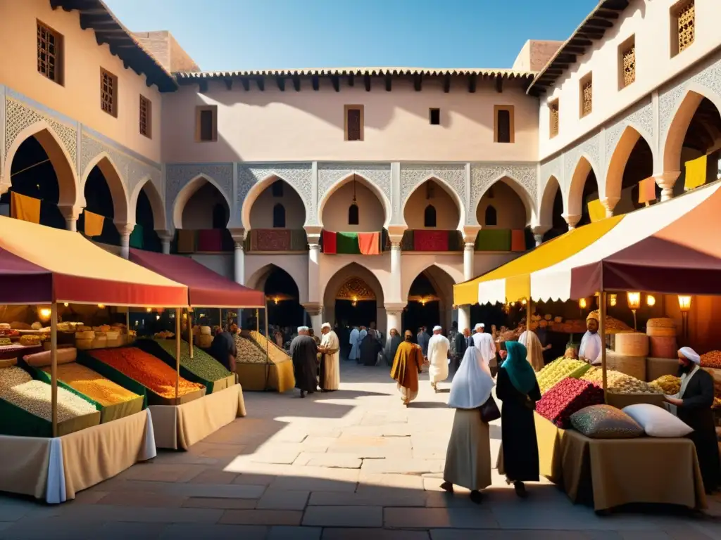 Vibrante mercado medieval árabe con vendedores de sedas y especias