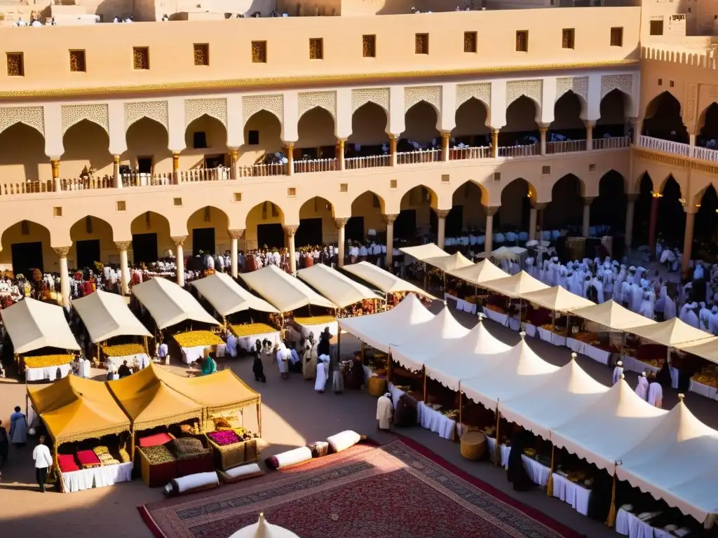 Vibrante mercado en Medina con diversidad cultural en el Islam: alfombras y telas coloridas, comerciantes y arquitectura ornamental al atardecer