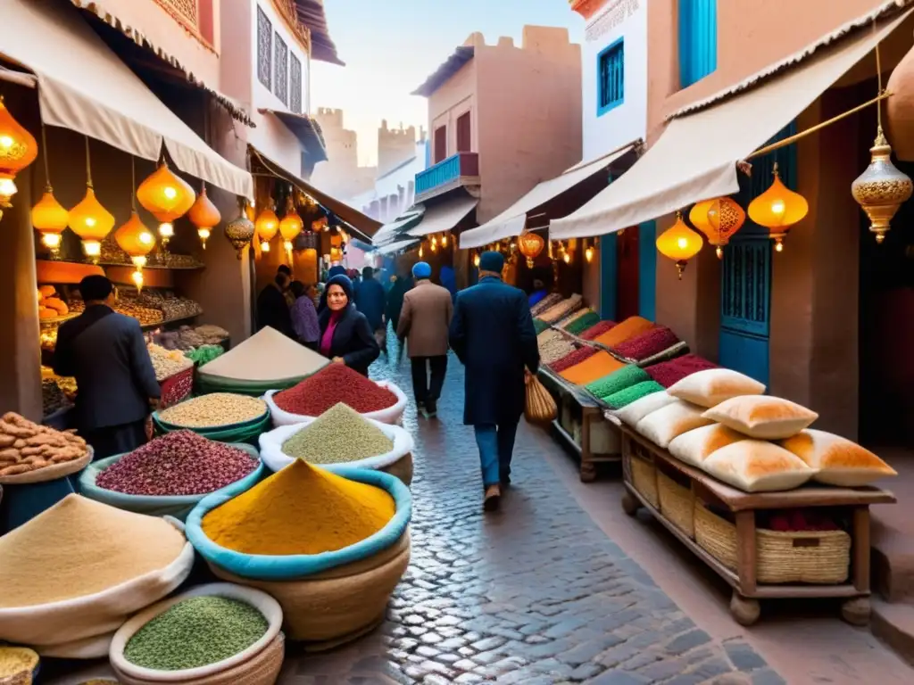 Vibrante mercado en una medina marroquí, con textiles, cerámica y especias bajo el cálido sol