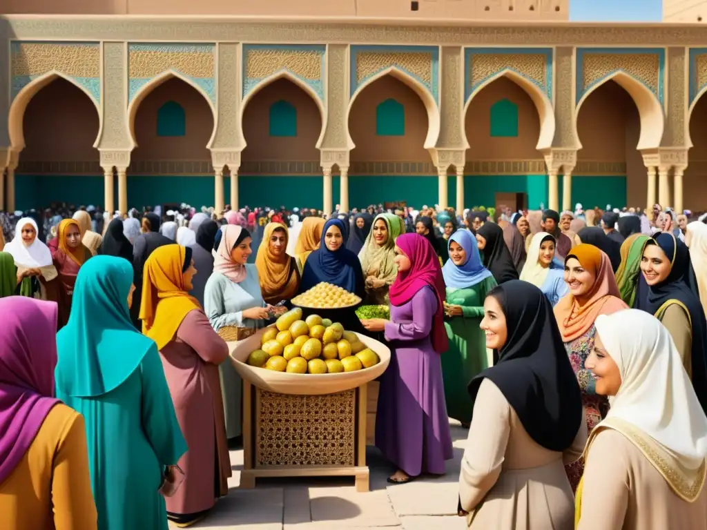 Un vibrante mercado en Bagdad, con mujeres líderes en distintos roles, celebrando la historia de los derechos de las mujeres en el Islam