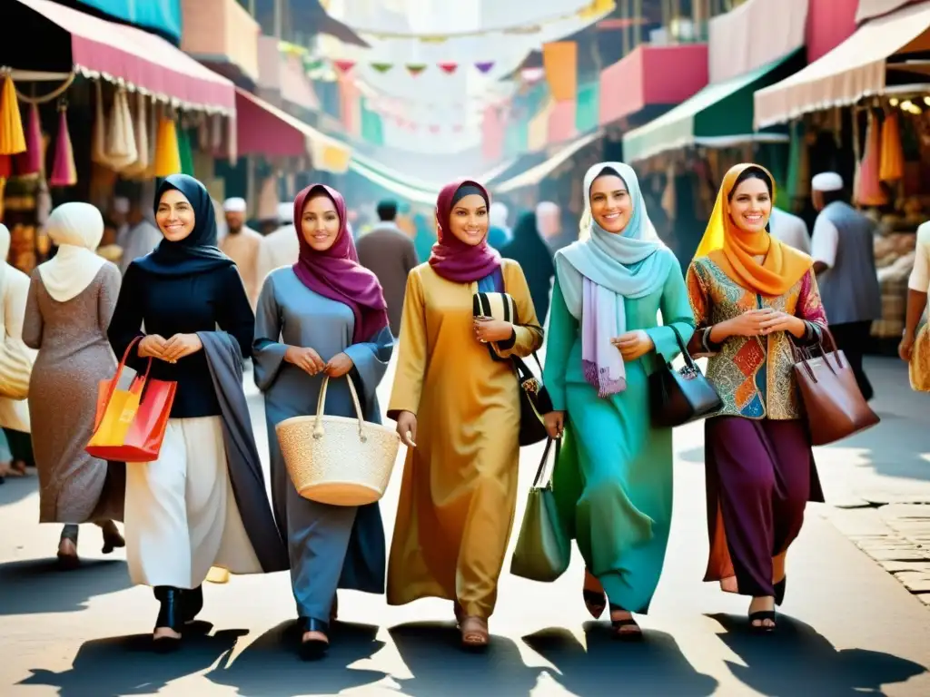 Un vibrante mercado donde mujeres musulmanas lucen moda modesta islámica en sus elegantes vestimentas, reflejando principios y prácticas tradicionales