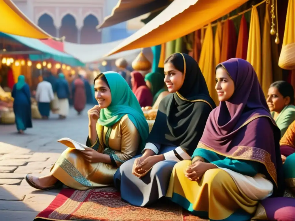 Un vibrante mercado donde mujeres poetas del Islam conversan bajo la cálida luz filtrada por los coloridos tejidos