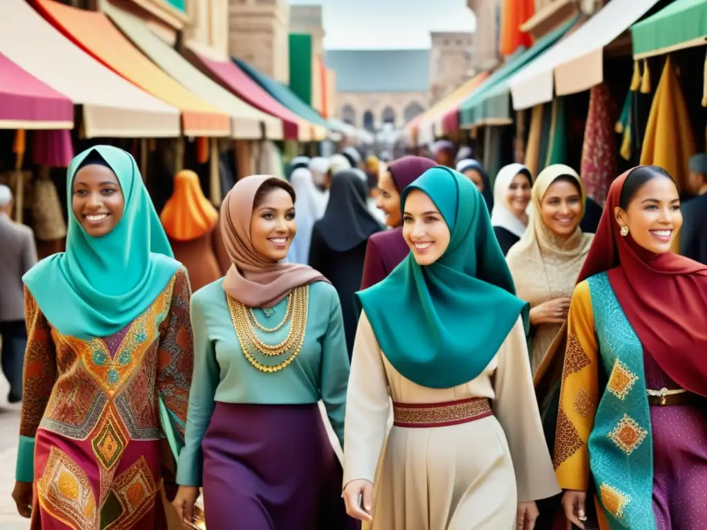 Un vibrante mercado con mujeres usando vestuario islámico sostenible, exhibiendo diversidad y moda