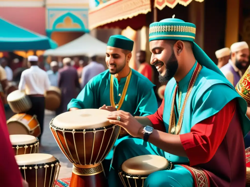 Un vibrante mercado con músicos tocando instrumentos de percusión en la música islámica, vistiendo trajes tradicionales coloridos