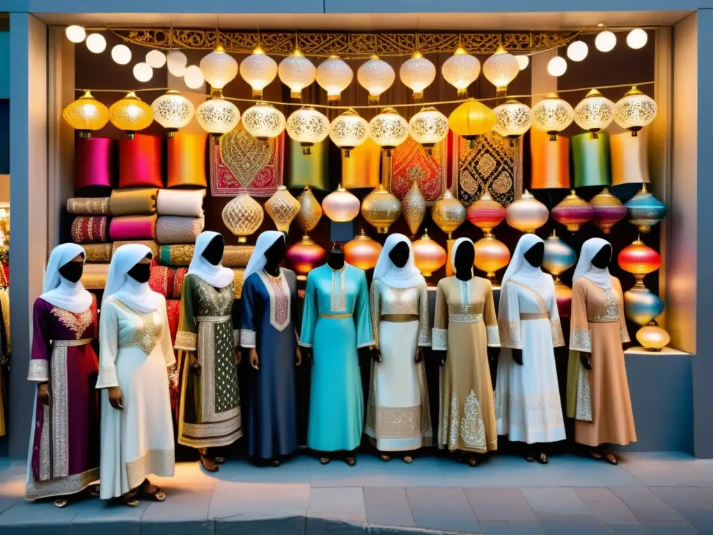 Vibrante mercado nocturno en una ciudad del Medio Oriente, con moda en festivales musulmanes y textiles coloridos iluminados por faroles cálidos