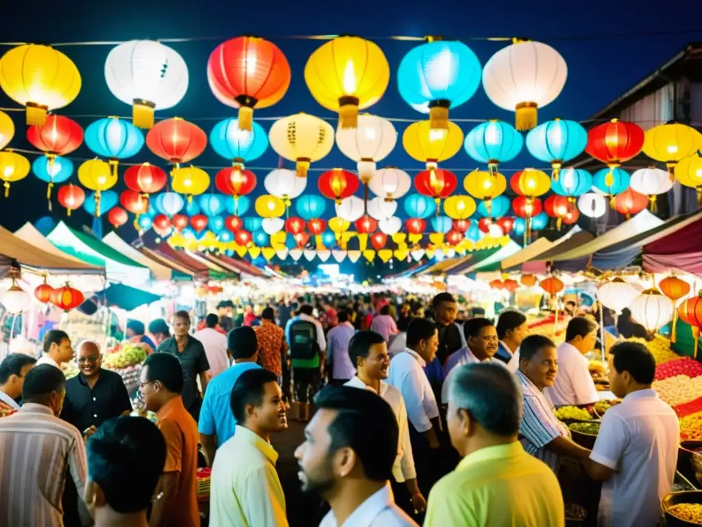 Vibrante mercado nocturno en Kuala Lumpur durante festivales islámicos, uniendo culturas en celebración