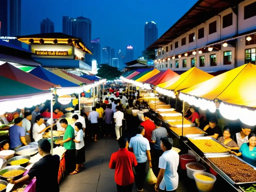 Vibrante mercado nocturno en Kuala Lumpur, Malasia, con luces coloridas y gastronomía halal en el Sudeste Asiático