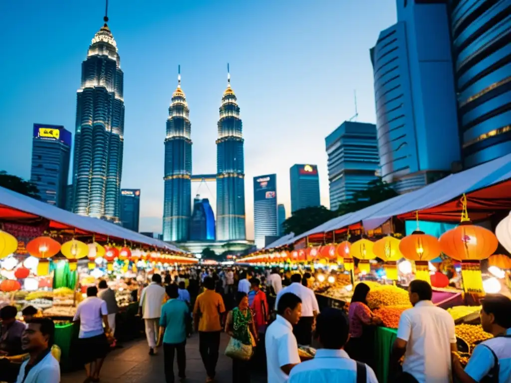 Un vibrante mercado nocturno en Kuala Lumpur, Malasia, con luces de colores, multitudes y puestos de ropa islámica, arte y comida callejera