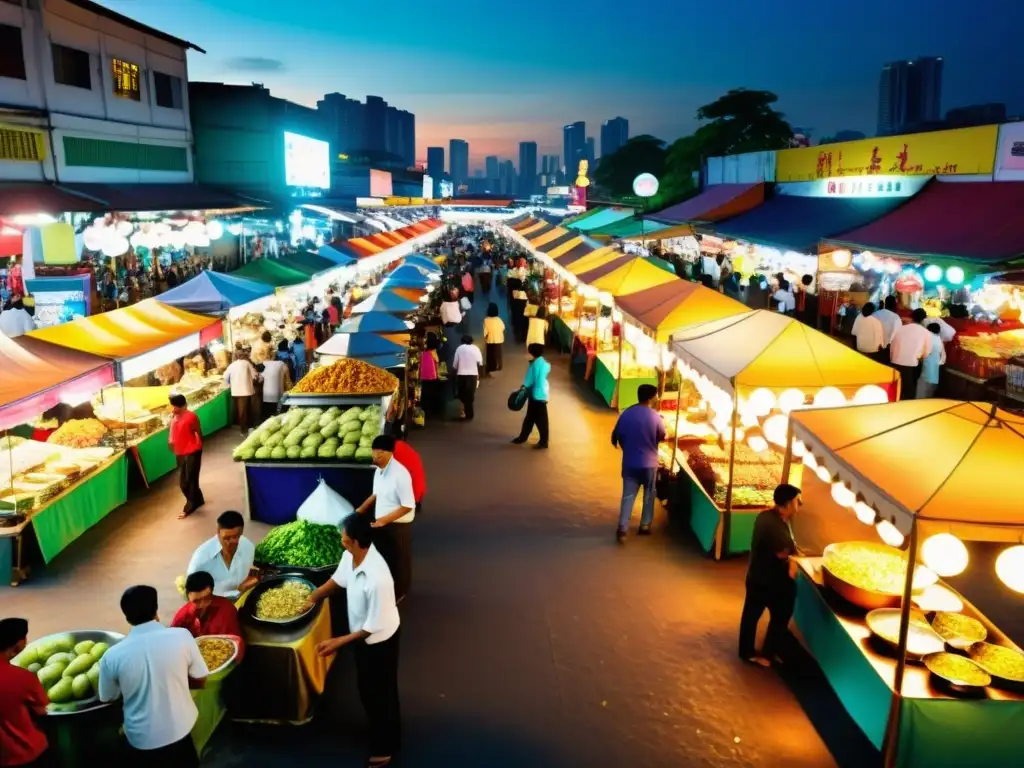 Vibrante mercado nocturno de Kuala Lumpur con puestos de comida halal y ambiente dinámico