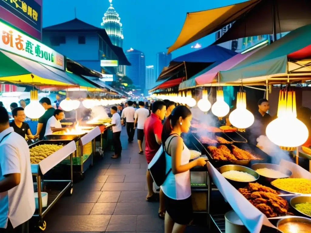 Vibrante mercado nocturno en Kuala Lumpur, con puestos de comida halal iluminados y el icónico fondo de las Torres Petronas