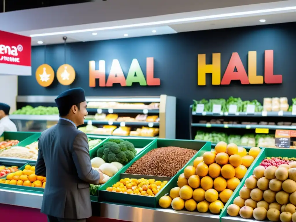 Vibrante mercado online de alimentos halal con productos frescos, carnes premium, especias aromáticas y delicias horneadas