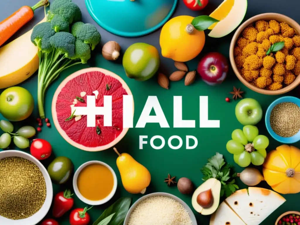 Vibrante mercado online de alimentos Halal, innovador y diverso con frutas frescas, verduras, carnes y especias