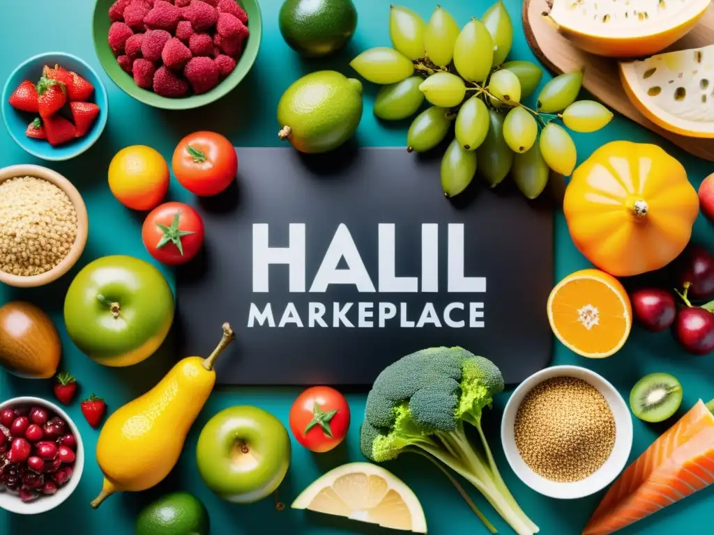 Un vibrante mercado online de alimentos halal con productos frescos y certificados