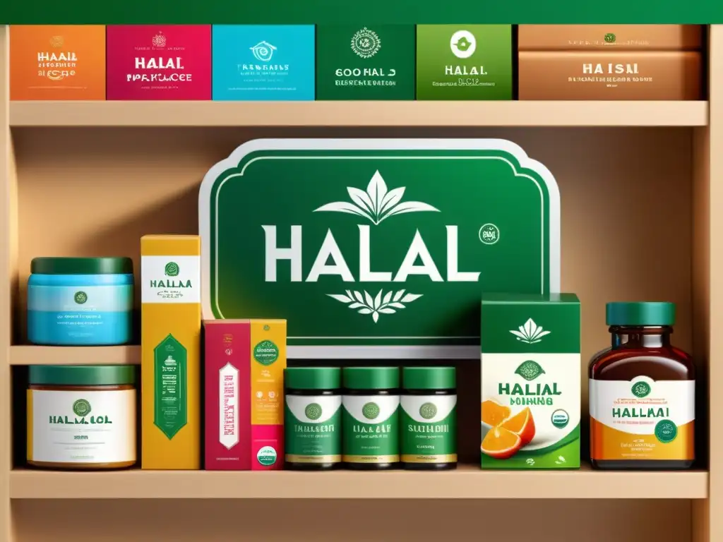 Vibrante mercado online con productos diversos y certificados Halal en close-up