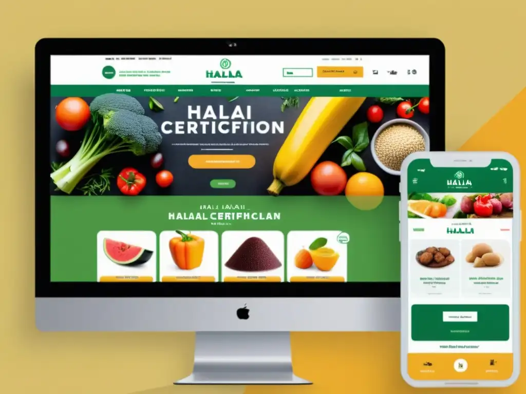 Vibrante mercado online con productos Halal y certificaciones, mostrando diversidad y autenticidad