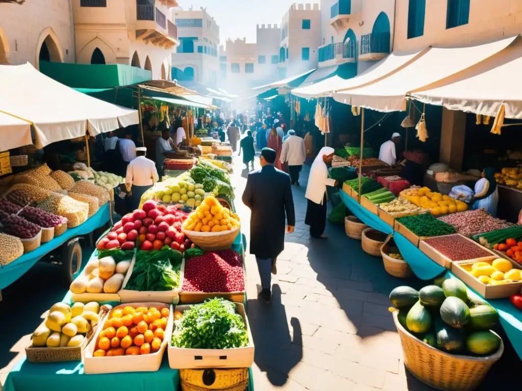 Vibrante mercado de Oriente Medio con frutas, verduras, especias y carnes