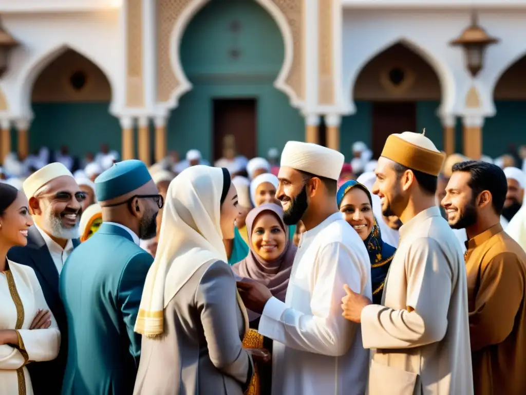 Vibrante mercado con personas de diferentes religiones en armonía, reflejando las relaciones interreligiosas en el Islam