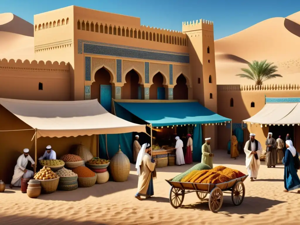 Vibrante mercado preislámico con rica arquitectura y comercio, reflejando el desarrollo de la shari'a islámica