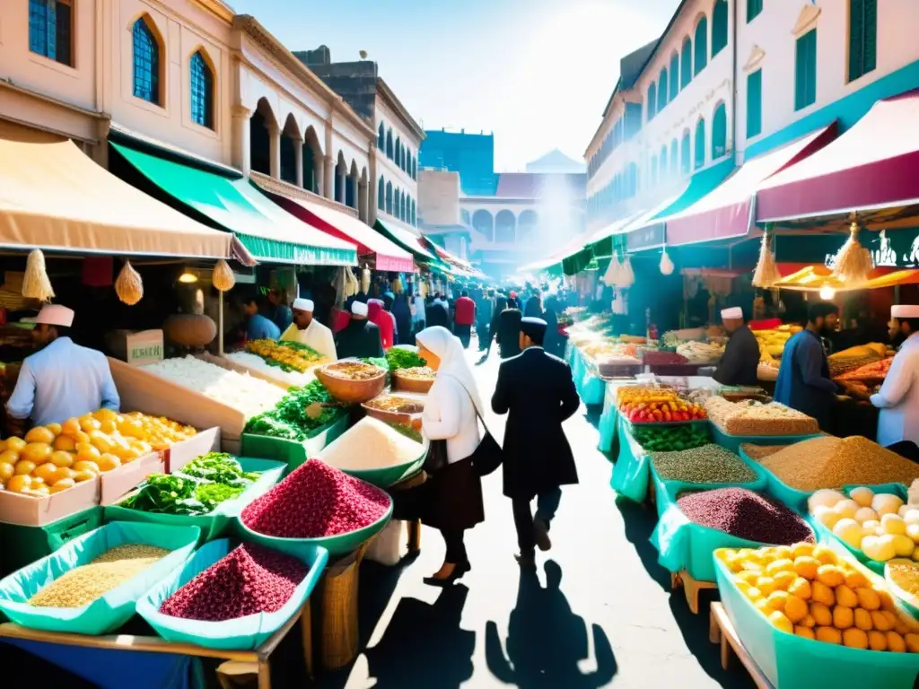 Mercado halal lleno de vida en una ciudad vibrante Vibrante mercado de productos halal con impacto económico, repleto de coloridos puestos y una atmósfera bulliciosa de comercio y diversidad