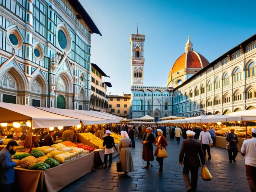 Vibrante mercado renacentista en Florencia con intercambios culturales entre islámicos y europeos, reflejando la rica historia del Renacimiento