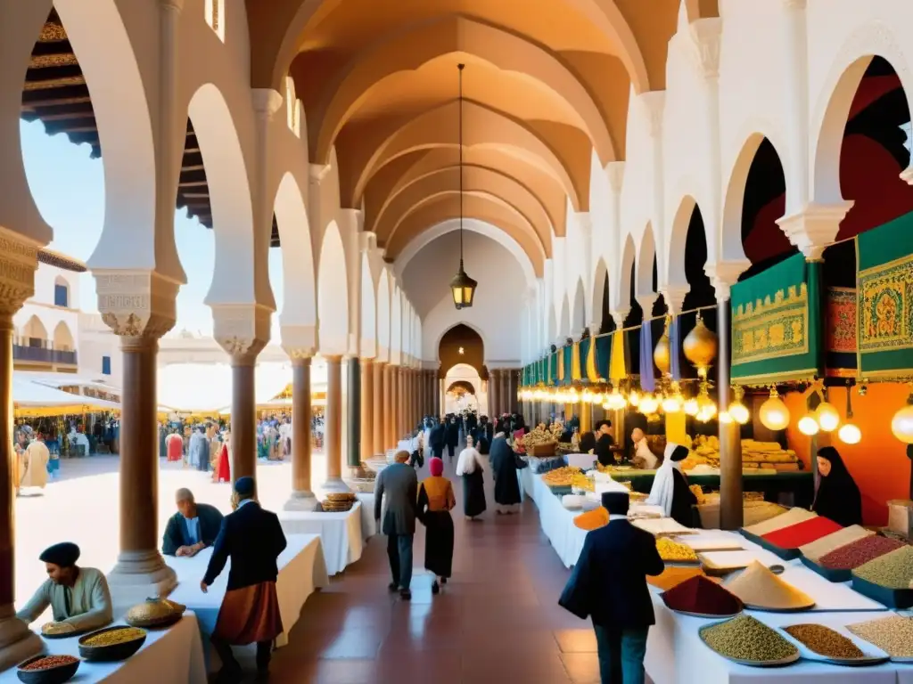 Vibrante mercado del Renacimiento con intercambios culturales entre Europa e Islam bajo el cálido sol mediterráneo