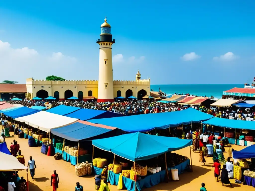 Vibrante mercado en Accra, Ghana, con ropa tradicional y el faro de Jamestown al fondo, reflejando la tradición y retos musulmanes en Ghana