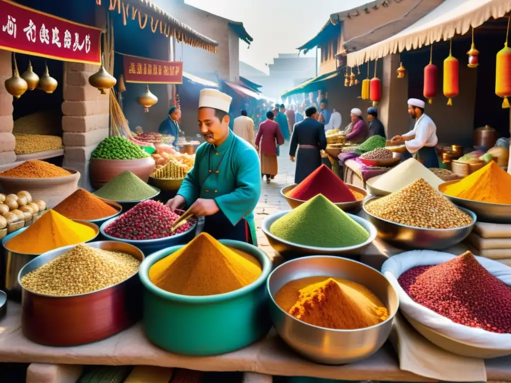 Vibrante mercado en la Ruta de la Seda con influencias gastronómicas y colores exóticos