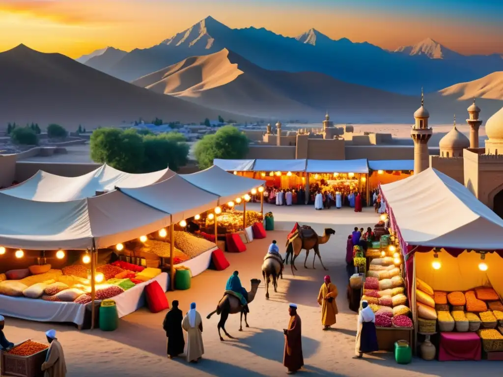 Vibrante mercado de la Ruta de la Seda, reflejando la cultura islámica en un atardecer montañoso