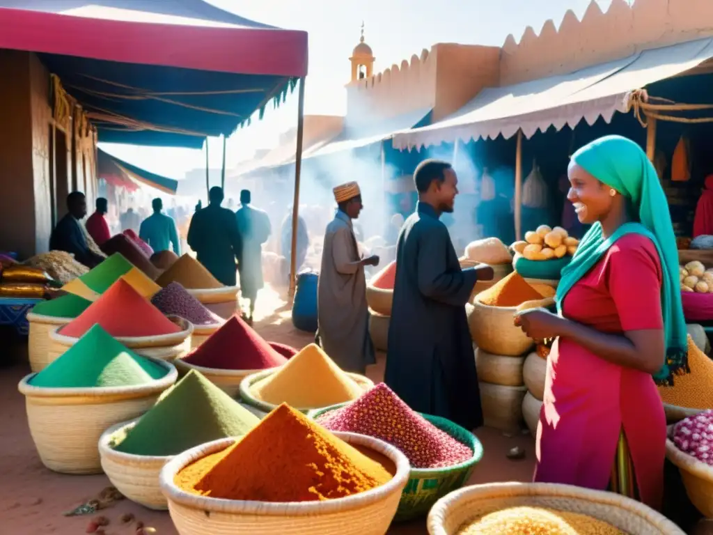 Un vibrante mercado somalí en una ciudad extranjera, reflejando la identidad cultural y la fe de la diáspora somalí