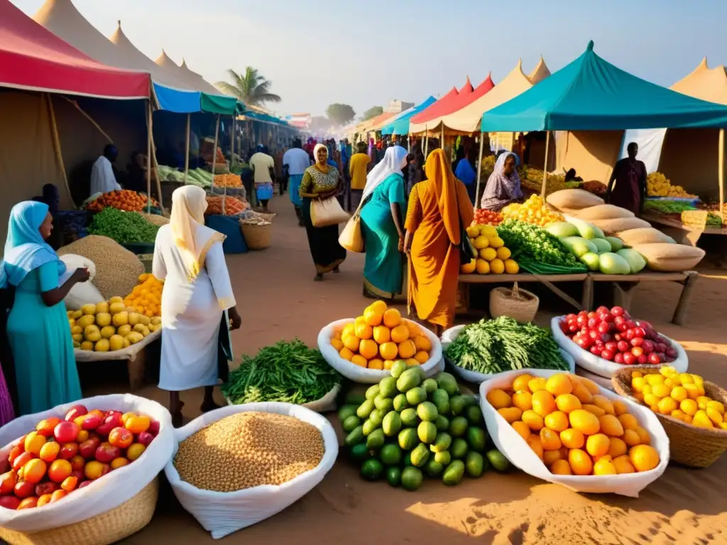 Vibrante mercado somalí en ciudad costera, con puestos coloridos y gente disfrutando de la variedad de productos bajo el cálido sol