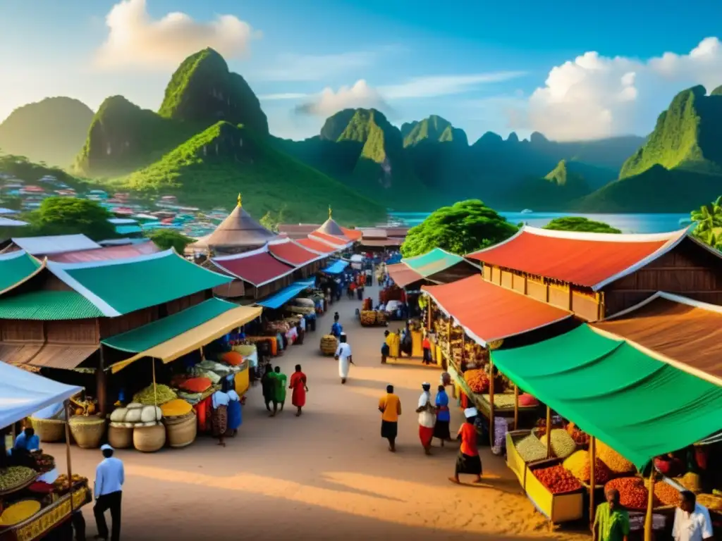 Vibrante mercado en Sonda Islands, con la difusión del Islam en Sonda reflejada en la arquitectura y la vida diaria