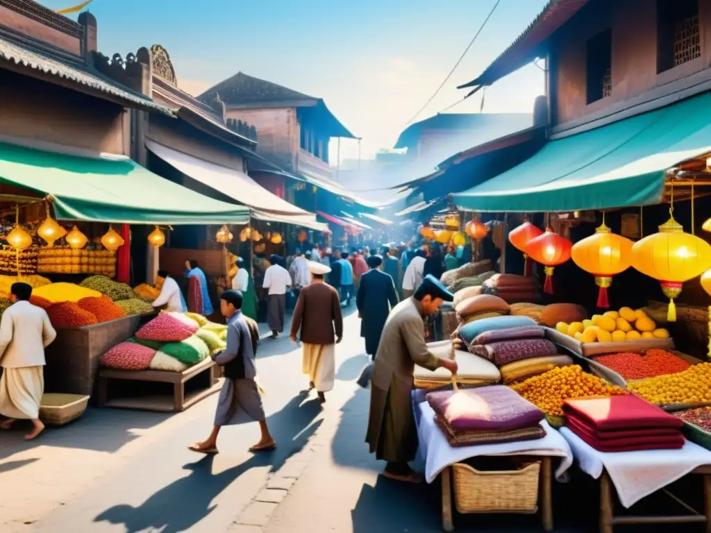 Vibrante mercado del sudeste asiático, reflejando las tradiciones sufíes en la región con colores vivos y textiles intrincados