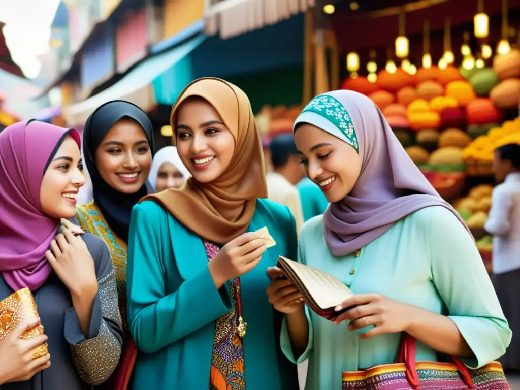 Un vibrante mercado del sudeste asiático con mujeres usando coloridos hijabs, difundiendo la cultura islámica