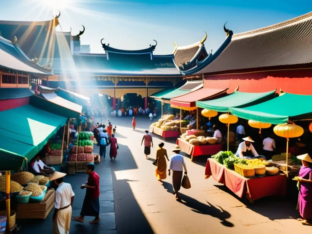 Vibrante mercado del sudeste asiático con colores, arquitectura detallada y vida cotidiana, reflejando la diversidad y la conversión al Islam