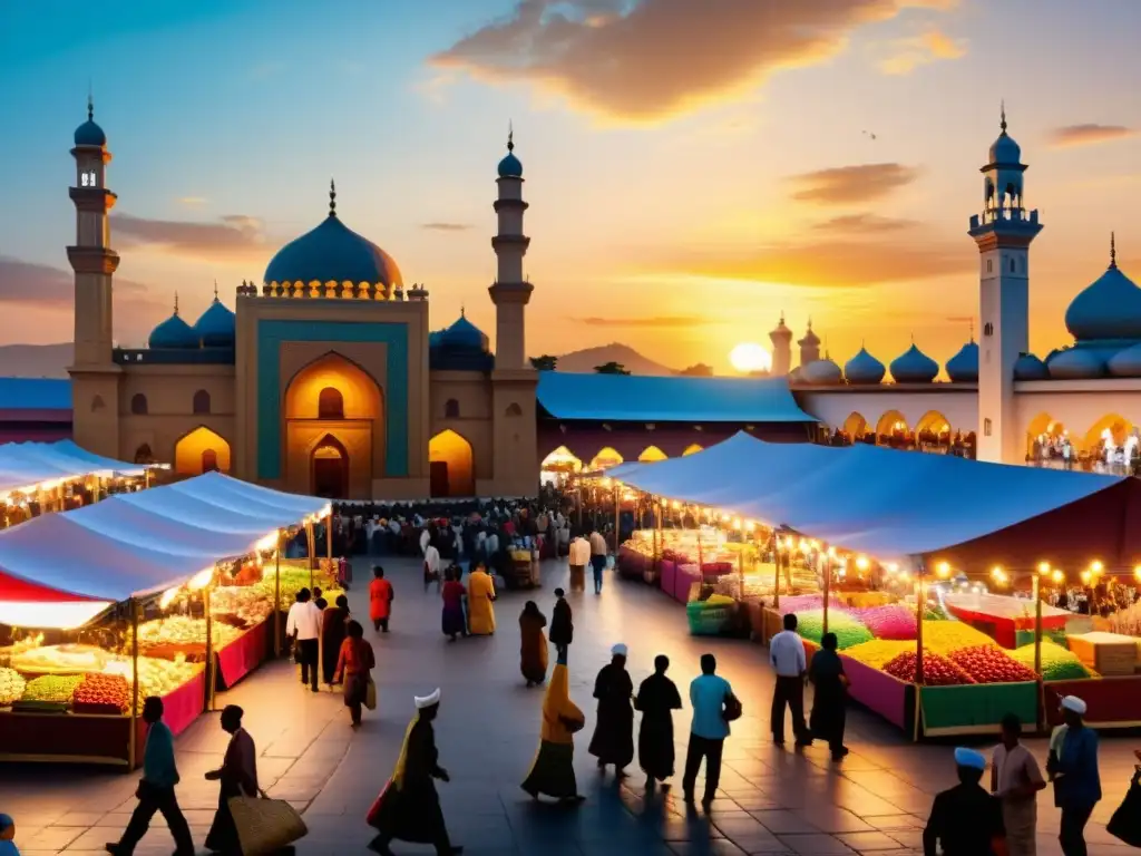 Vibrante mercado en el Sudeste Asiático con diversidad cultural y mezquita al atardecer