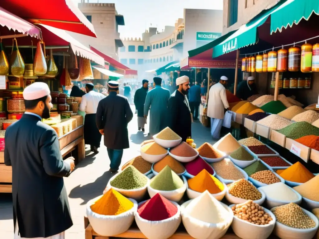 Vibrante mercado de suplementos halal en ciudad de Medio Oriente, reflejando diversidad cultural y comunidad en crecimiento