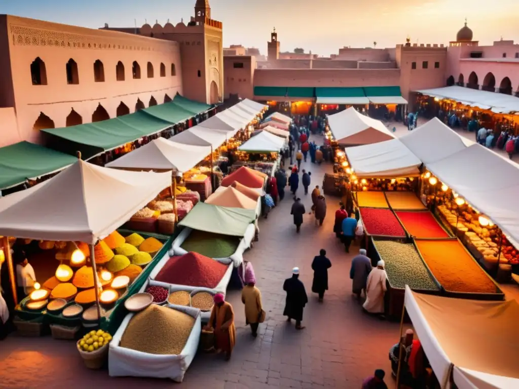 Vibrante mercado en Marrakech, Marruecos, con textiles, cerámica y especias