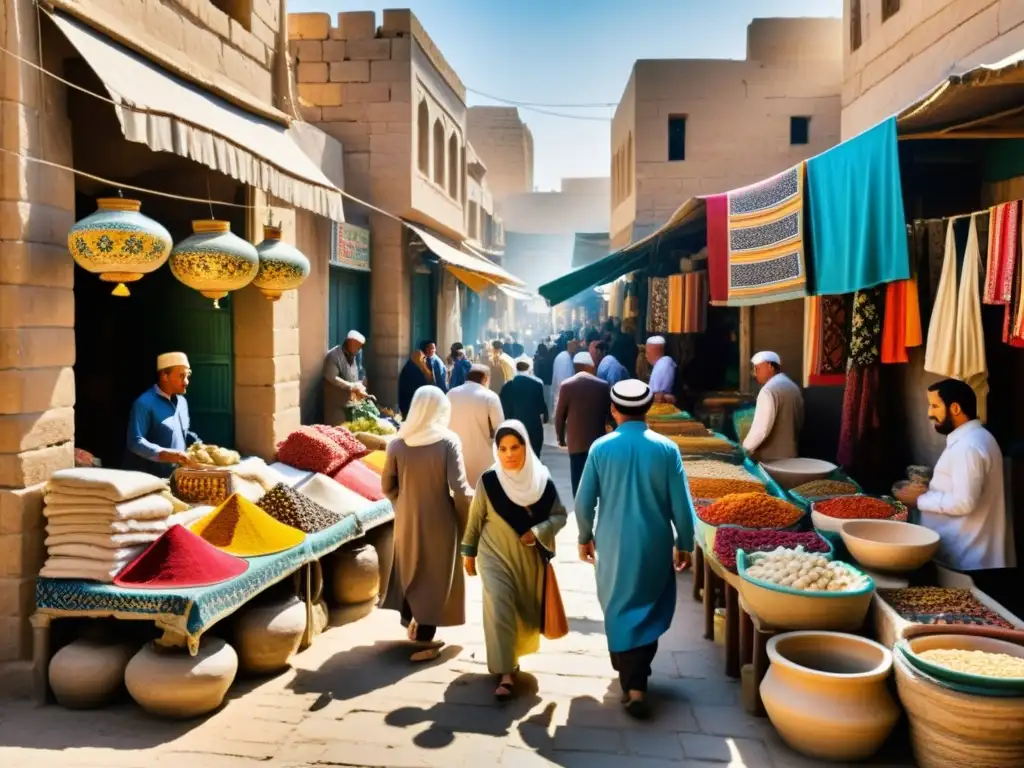 Vibrante mercado en Bagdad, con textiles, especias y cerámica