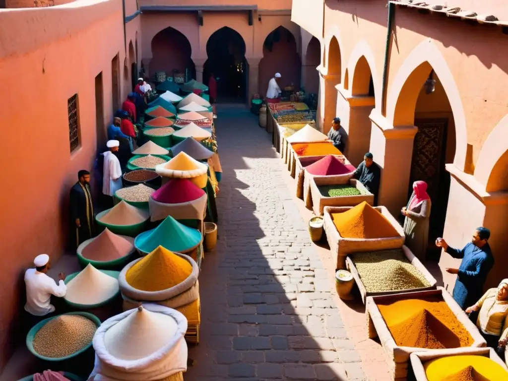 Vibrante mercado en Marrakech con textiles, especias y artesanías