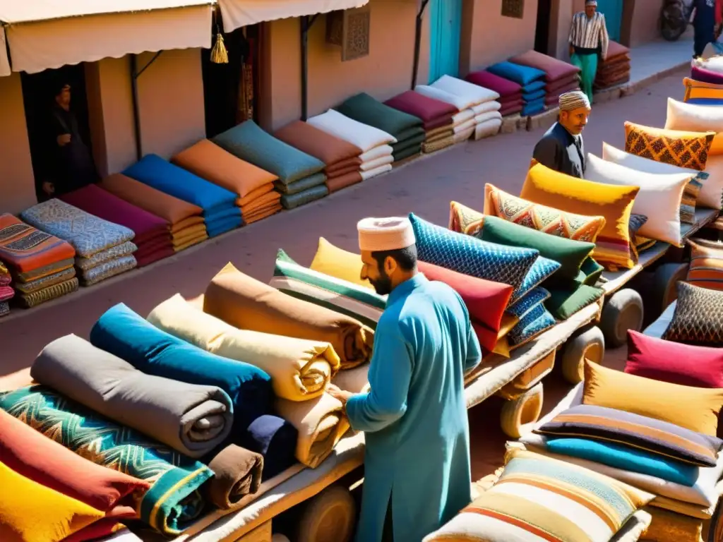 Vibrante mercado en Marrakech, Marruecos, con tiendas adornadas con textiles coloridos y moda islámica tradicional