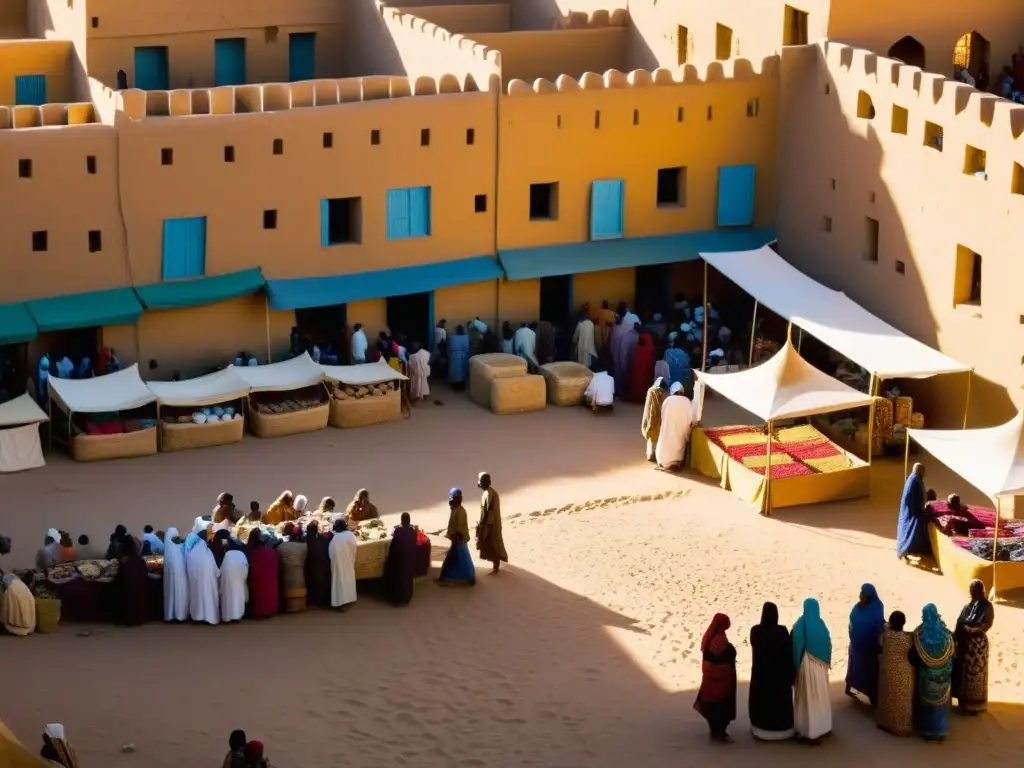 Un vibrante mercado en Timbuktu, con edificios de barro y telas coloridas