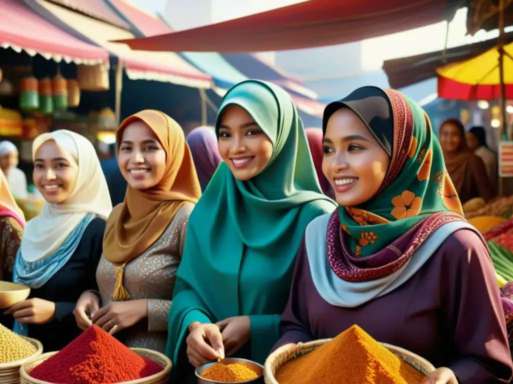 Un vibrante mercado tradicional indonesio donde mujeres usan hijabs, reflejando el significado cultural del hijab en países musulmanes