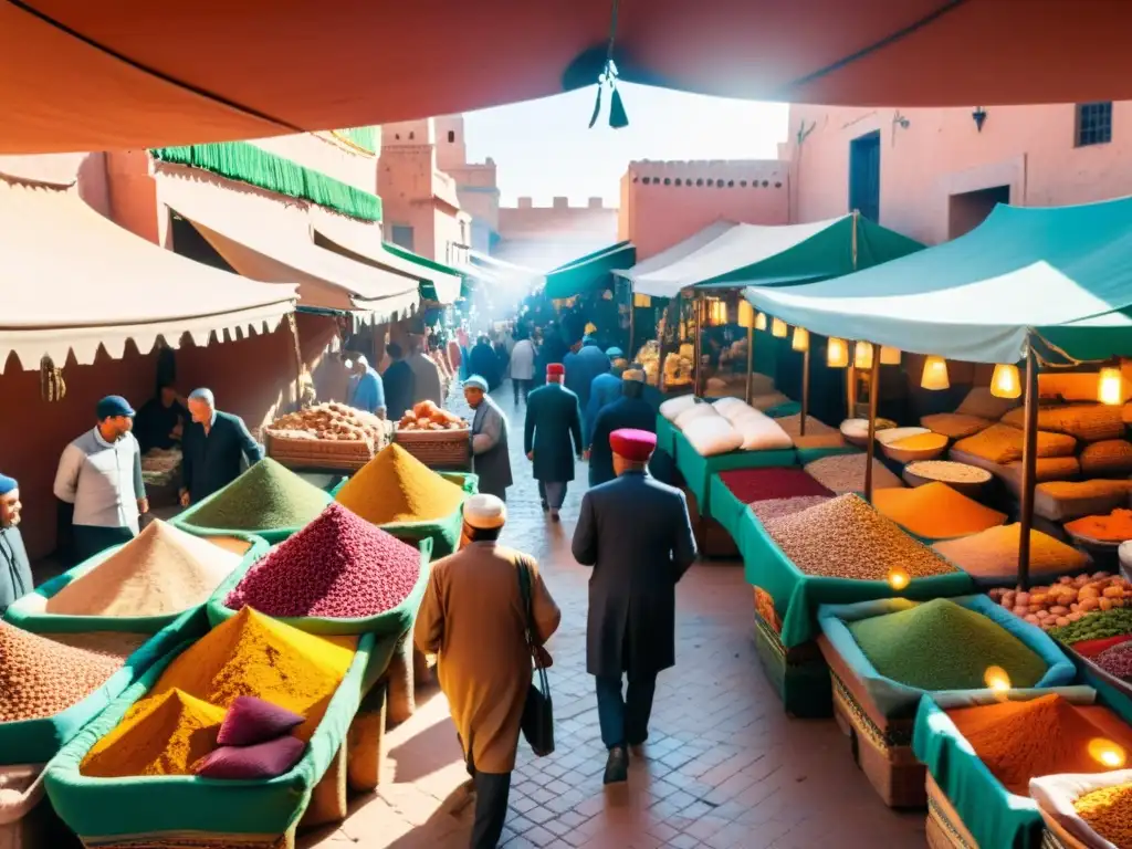 Vibrante mercado tradicional del Islam en Marrakech, Marruecos, con colores, especias y bullicio